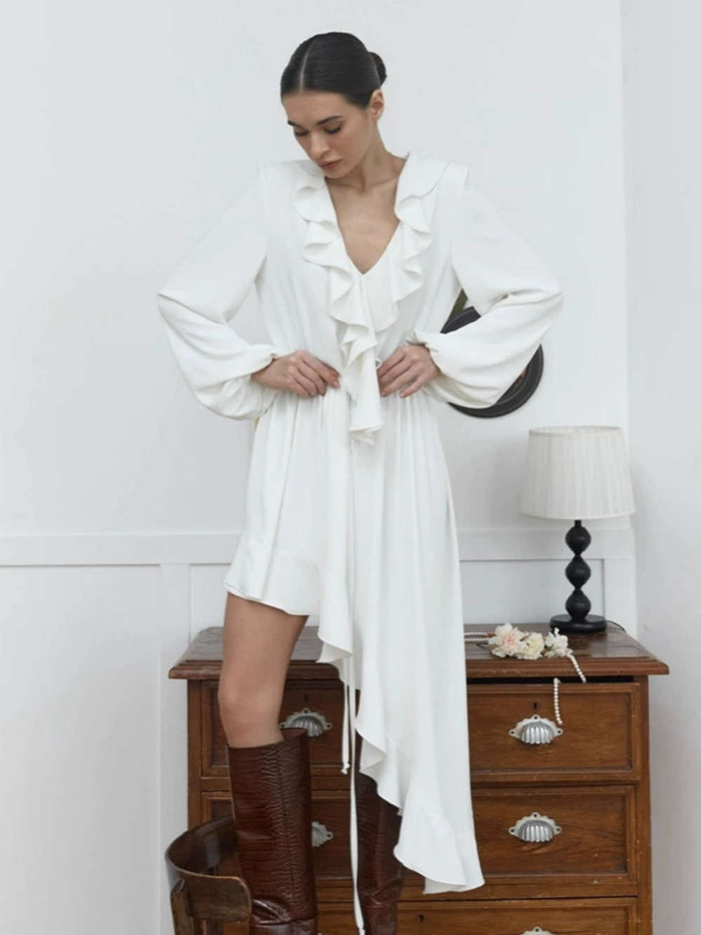 Forever 21 Fall Ruffle Chiffon Dress Asymmetric Waist Long Sleeve A-Line